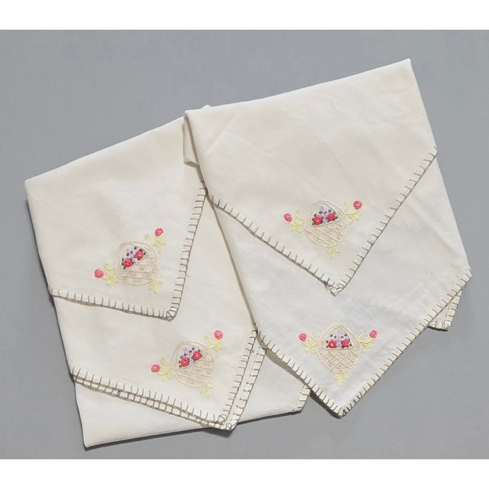 Vintage Hand Embroidered Floral Napkins Set of 4 White Pink Green 15.5" Square